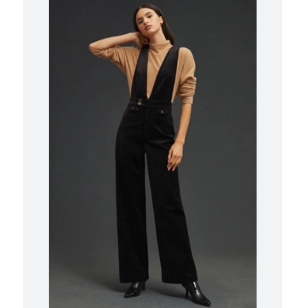 Anthropologie Pilcro Deep V Black Velvet Overalls Sz 32